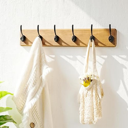 Coat Rack Wall Mount: 24" Long, Patented, Heavy-Duty, 6-Double-Hooks Wooden Hanger Hook Rail for Winter Coats Hat Jacket Clothing, Weathered Brown - color: Weathered Brown & Black, size: L=24"(1pcs)