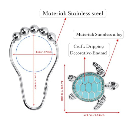 Blue Sea Turtle Decorative Shower Curtain Hooks and Rings Set,12 Pieces,Roller Ball, Stainless Steel,Cute Ocean Animal Decor, Beach Shower Hooks,Rustproof,for Home Living & Bathroom Decor