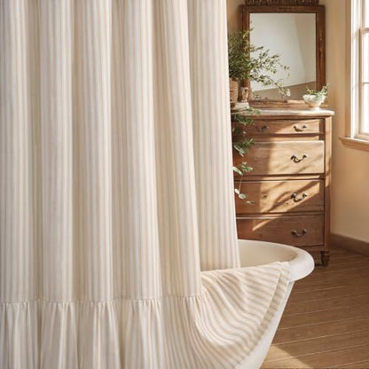 Farmhouse Shower Curtain Ruffle Linen Cream-Beige Stripe 72"W x 72"L | Farmhouse Boho, Striped, Bottom Ruffle, Linen Fabric, Rustic, Country, Natural Look, Washable, for Bathroom Bathtub - color: Cream-beige Stripe, size: 72"W x 72"L