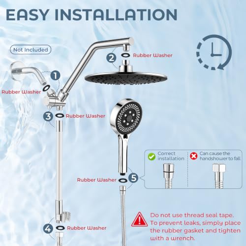 Shower Head with Handheld High Pressure Chrome, Adjustable Bar | No drilling required, Height-Adjustable, 9-inch rainfall head, silicone slide bar, 3-waydiverter, 59-inch hose, G1/2 fit - color: 1-Chrome