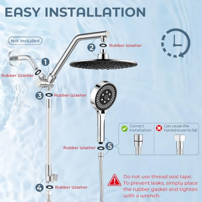 Shower Head with Handheld High Pressure Chrome, Adjustable Bar | No drilling required, Height-Adjustable, 9-inch rainfall head, silicone slide bar, 3-waydiverter, 59-inch hose, G1/2 fit - color: 1-Chrome