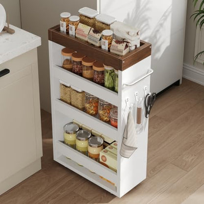 Slim Storage Cart, 4-Tier Rolling Utility Cart with Handle | Slide Out Organizer Trolley, Space Saving Narrow Shelf for Kitchen, Bathroom, Laundry Small Corners