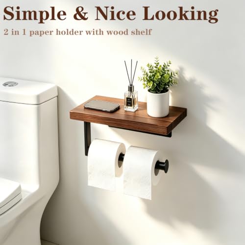 Bathroom Hand Towel Holder/Towel Ring, Premium Metal Wall Mounted Hand Towel Hanger with Wooden Shelf, Heavy Duty Kitchen Towel Holder Rustic Hand Towel Rack for Bathroom Accessories (Black)