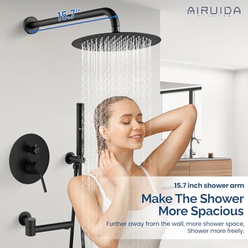 Airuida 3-Function Shower System with Tub Spout – Round Rainfall Shower Faucet Combo,Handheld Spray with 2 Functions,Includes Rough-In Valve with 360° Rotating Drain,12 Inch Shower Head,Matte Black - color: Matte Black, size: 12 Inch