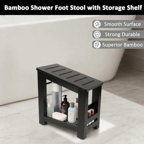 Bamboo Shower Foot Rest Stool for Shaving Legs & Pedicure, Non-Slip Bathroom Foot Step with Storage Pocket, Solid & Water-Resistant,Natural (Black) - color: Black