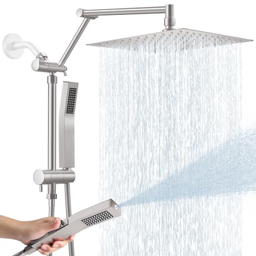All Metal 10 Inch Rain Shower Head with Handheld Spray Combo, High Pressure Waterfall Rainfall Square Shower Heads with 16" Adjustable Extension Arm, Dual Showerhead with 3-Way Diverter,Brushed Nickel - color: Brushed Nickel, size: 10 Inch