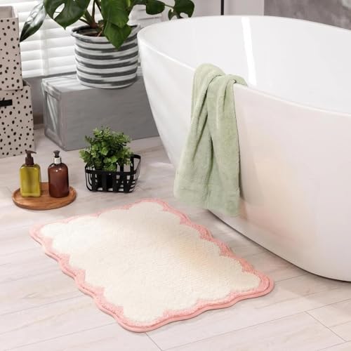 Pink Bathroom Rugs Large Cute Scalloped Bath Mat | Non Slip Washable Quick Dry Absorbent Chic Girls Microfiber Bathmat for College Dorm,20*32 Inch - color: Pink&white, size: 20*32"