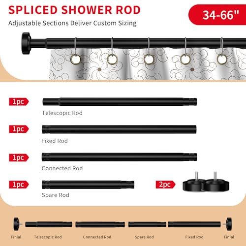 Black Shower Curtain Rod 34-66 Inches Never Rust Stainless Steel Tension Curtain Rod Adjustable Shower Rod Spring Tension Non-Slip No Drilling Shower Rods for Bathroom Window - color: Matte Black, size: 34“-66”