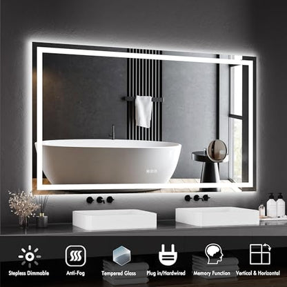IDEALHOUSE 60"x 36" LED Bathroom Mirror with Lights - Dimmable Dual Lighting (Front & Backlit) Vanity Mirror, Anti-Fog & Shatterproof, 3X Magnification, Rectangular Wall Mount - size: 60"L x 36"W