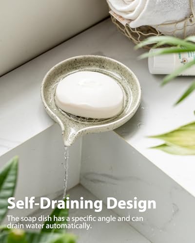 Zoeeker Self-Draining Soap Dish, Ceramic Bar Soap Holder with Drainage | Soap Tray with Waterfall Design for Shower, Bathroom and Kitchen Sink, Keep Bar Soap Dry, Brush Holder, Speckled Glaze - color: Speckled Glaze, size: Round