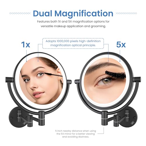 KIBI Circular Wall Mount Makeup Mirror with LED Lights, Dual-Sided 1x/5x Magnifying Mirror with Adjustable Arm, 360° Swivel, Solid Brass Construction for Durability and Style (Matte Black, KMM101) - color: Matte Black