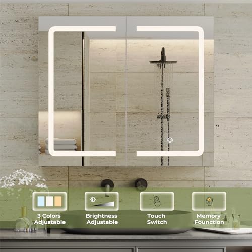 DICTAC Bathroom Medicine Cabinet with Mirrors and Led Lights 27.6x23.62 inch Double Doors Wall Mounted Mirror Cabinet with Storage Organizer Lighted Medicine Cabinets with Adjustable Shelves,White - size: 27.6x23.62 inch
