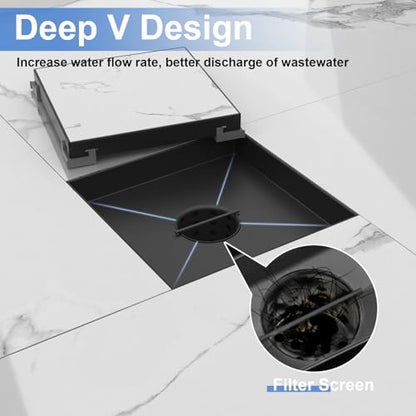 6 Inch Square Shower Drain-Matte Black, with Tile Insert Grate | AISI 304 Stainless Steel Shower Drain, Shower Floor Drain with Hair Catcher, Fits Bathroom, Balcony - color: Matte Black, size: 6 Inch