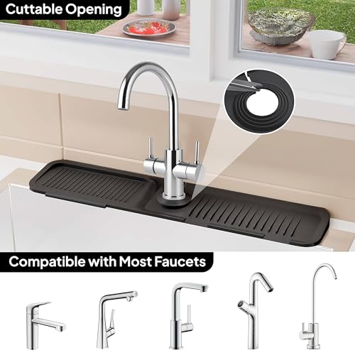 Faucet Mat for Kitchen Sink, 24 Inch Silicone Sink Splash Guard, Extra Long Faucet Drip Catcher Tray, Fast Drying Sink Drying Mat, Countertop Water Protector for Kitchen & Bathroom Sink, Black