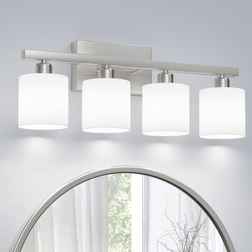 Bathroom Light Fixtures, Bathroom Lighting Fixtures Over Mirror, Classic Vanity Lights, Modern Vanity Light with Textured Frosted Opal White Glass Shades, Brushed Nickel, 4-Light - color: ‎Brushed Nickel, size: 4-Light