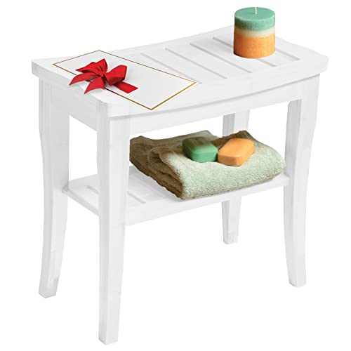 Bamboo Shower Bench, White Bathroom Wooden Stool Chair Seat with Storage | Compact 9 x 17 x 17 In, Great for Small Bathrooms, Non Slip Feet, Storage Shelf, Concave Seat, Holds Up to 250 lbs - color: White
