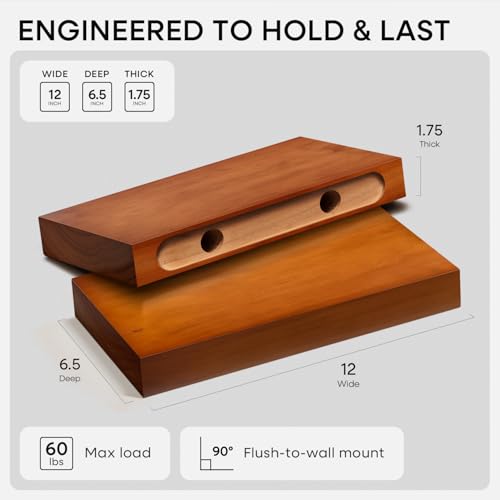 12 inch Oak Floating Shelf, High End Solid Real Wood 12inch Small Floating Shelves for Wall Mounted, Honey Oak Wooden 12in Floating Shelves, Heavy Duty Bracket, 12 X 6.5 X 1.75 in, Set of 2 - color: Honey Oak - Warm Amber Tone, size: 12 inch