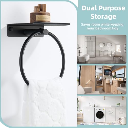 Hand Towel Ring with Shelf, Matte Black, 304 Stainless Steel | 8.07-Inch Storage Surface, Raised Back Edge, 180° Swivel Motion, Phone Storage, Modern Bathroom Upgrade, Small-Space Use - color: Matte Black