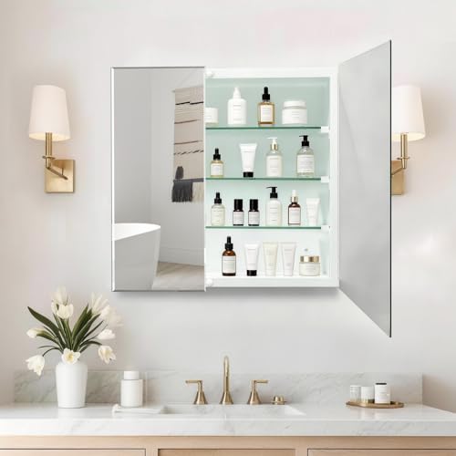 Bathroom Medicine Cabinet with 30x26 in Rectangular Beveled Frameless Mirror,Double Door Wall Mounted Mirror Cabinet for Bathroom Toilet Kitchen,Recess or Surface Mount - size: FMG-CM7005-3026