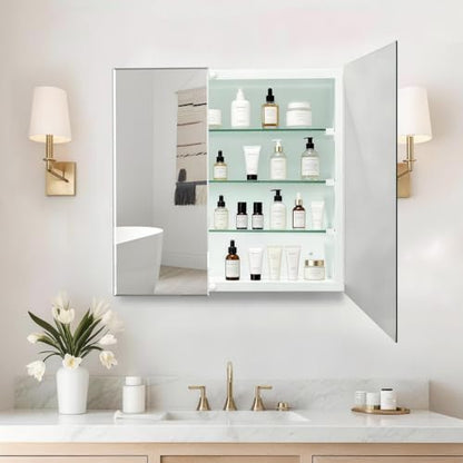 Bathroom Medicine Cabinet with 30x26 in Rectangular Beveled Frameless Mirror,Double Door Wall Mounted Mirror Cabinet for Bathroom Toilet Kitchen,Recess or Surface Mount - size: FMG-CM7005-3026