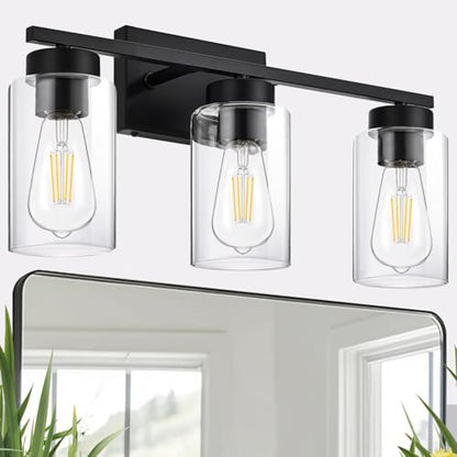3-Light Bathroom Vanity Light, Modern Black Wall Lights with Clear Glass Shades, Bathroom Wall Sconce Lamp for Mirror Living Room Bedroom Hallway - color: 3 Light Black-Small