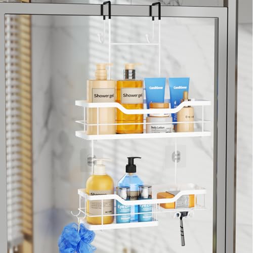 Consumest Over Door Shower Caddy - 2 Tier Shower Shelves Hanging with Soap Holders, Large Capacity Shower Organizer with 4 Hooks, Bathroom Rack and Storage, White - color: White, size: 2 Tier