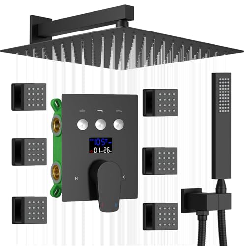 Temperature Display Full Body Shower Faucet Set with 6 pcs Body Jets 12 inch Square Rainfall Shower Head with Handheld Spray Wall Mounted Rough-in Valve and Trim Included,Matte Black - color: Matte Black