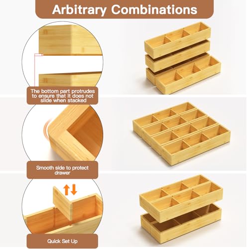 DUJEN 4 Packs Bamboo Drawer Organizer 2 pieces 12.6 * 6inches and 2 pieces 12.6 * 3.2inches, Adjustable 3 Individual Junk Drawer organizer for Bathroom and Kitchen - size: 4 pieces 12.5X3.1