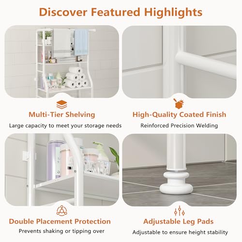 UDEAR 3-Tier Over The Toilet Rack,with Hanging Rod,Tower Shelf,White | Toilet Towel Rack, Three-layer Iron Plate, Suitable for Bathrooms - color: White