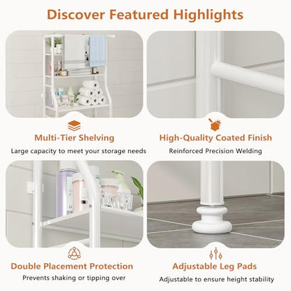 UDEAR 3-Tier Over The Toilet Rack,with Hanging Rod,Tower Shelf,White | Toilet Towel Rack, Three-layer Iron Plate, Suitable for Bathrooms - color: White