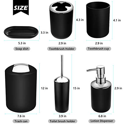 Compact 6-Piece Black Plastic Bathroom Accessories Set with Small Trash Can, Soap Dispenser, Toothbrush Holder, Cup, Soap Dish, Toilet Brush for Guest Bathroom Dorm Apartment - color: Black