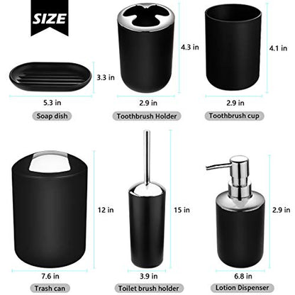 Compact 6-Piece Black Plastic Bathroom Accessories Set with Small Trash Can, Soap Dispenser, Toothbrush Holder, Cup, Soap Dish, Toilet Brush for Guest Bathroom Dorm Apartment - color: Black