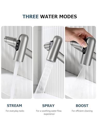 Rotatable Bathroom Faucet with Temperature Display in Fahrenheit (Batteries-Free), 3 Water Outlet Modes, Brushed Nickel - color: Silver