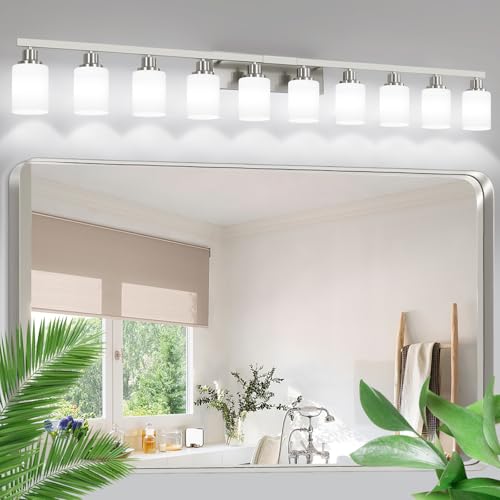 10-Light Bathroom Vanity Light Brushed Nickel,64.5in Vanity Lights with White Frosted Glass,Modern Bathroom Wall Lights Fixtures Over Mirror,Wall Sconces Lighting for Bedroom Living Room,E26 - color: Nickel, size: 10-Light