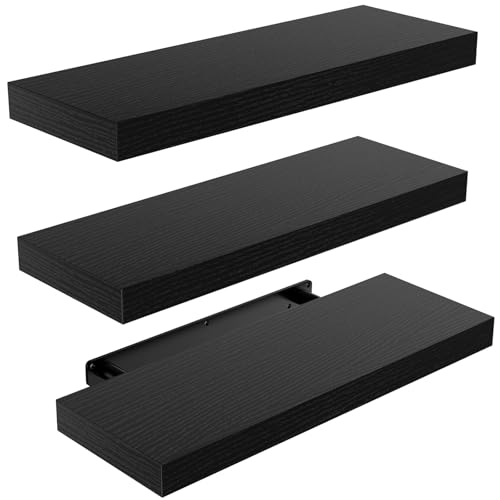AMADA HOMEFURNISHING Floating Shelves Black, Wall Shelves with Invisible Brackets for Bedroom, Bathroom, Living Room, Kitchen, Set of 3 - AMFS07 - color: Black, size: 15.7 Inches