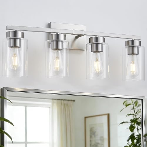 4-Light Bathroom Light Fixtures, Nickel Modern Vanity Lights Over Mirror, Bathroom Wall Sconces with Clear Glass Shade for Living Room Bedroom Hallway Cabinet Porch - color: Nickel