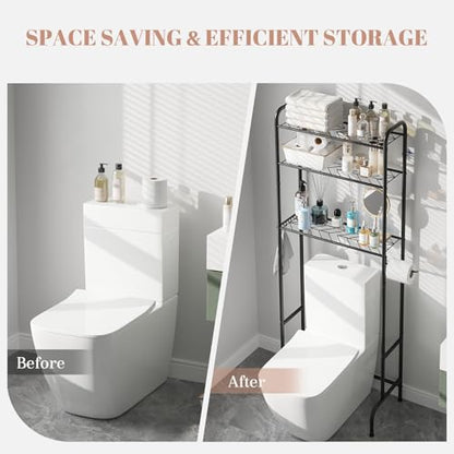 STDDRE 3-Tier Over The Toilet Storage Space Saver with Paper Holder Freestanding Rack Metal Bathroom Shelves with Hooks Above The Toilet Storage Shelf (Black, 3 Tier) - color: Black