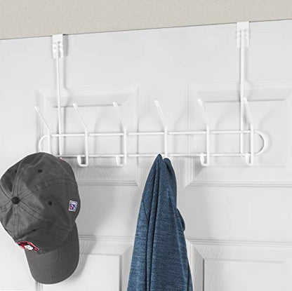 Spectrum Over the Door Organizer with Hooks for Hanging Coats Jackets Bags Totes & Towels, Easy Install Sturdy Steel Over Door Hook Rack Hanger for Bedroom Laundry Room Clost Storage, White