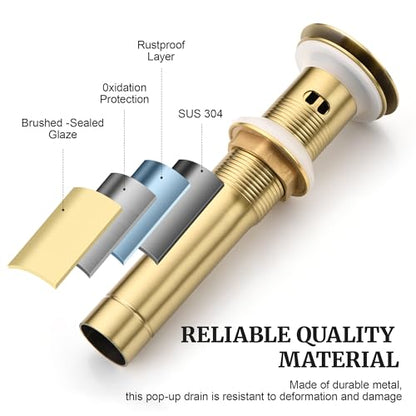 Pop up Sink Drain Stopper with Overflow Brushed Gold for Bathroom Vessel Vanity Sink Art Basin, Big Cap Sink Drain with Overflow, Metal Pop-up Drain Strainer with Detachable Basket Stopper - color: Gold Brushed, style: with overflow