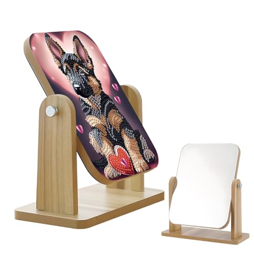 antor Diamond Painting Mirror – German Shepherd Dog Design Wooden Reversible Vanity Mirror, DIY Animal-Themed Mirror Craft with Heart Accents, Handmade Gift for Pet Lovers and Home Decor - color: German Shepherd