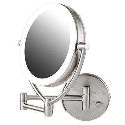 Ovente 7.5" Lighted Wall Mount Makeup Mirror, 1X & 10X Magnifier, Spinning Double Sided Round LED w/ Dimmer Switch, Extend, Retractable & Folding Arm, Battery USB Powered Nickel Brushed MLW75BR1X10X - color: Nickel Brushed, size: 10.3"L x 12.4"W, style: 1