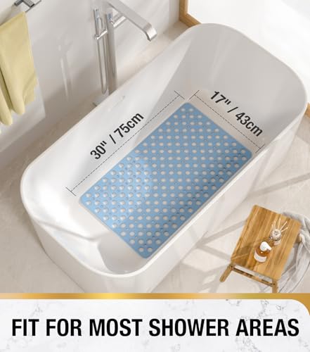 HITSLAM Bathtub Mat Non Slip, 30 x 17 Inch TPE Bath Mat for Tub, Efficient Drainage Bathroom Shower Mat with Suction Cups, Bath Tub Mat, Soft on Feet and Easy to Clean, Blue - color: Blue, size: 30" x 17" (Rectangular)