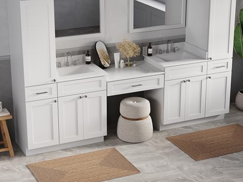 108" Double Sink Bathroom Vanity with Makeup Desk and Dual Linen Storage Towers, 3 Drawers, Carrara Quartz Top and Ceramic Sinks, Solid Wood Frame, 108" x 22" x 72" (White) - color: White