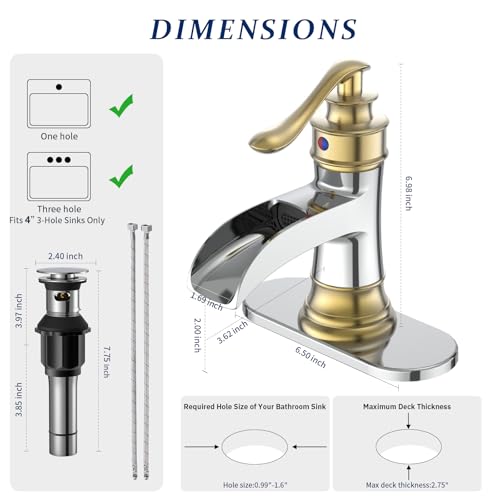 BWE Brass Waterfall Bathroom Faucet, Brushed Gold & Chrome for Modren Style | Wide Waterfall Spout, Ceramic Cartridge, Fits 1 or 3-Hole Sink, Single Handle, Hardware Kit Included, Not for Vessel Sink - color: Chrome & Gold