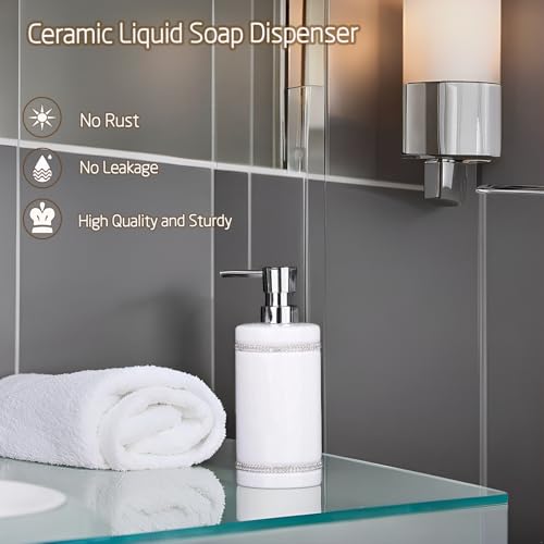 17 OZ Hand Liquid&Lotion Soap Dispenser Pump Bottle Ceramic White for Kitchen Bathroom Countertop Laundry Room Holds Dish Soap Shampoo Laundry Liquid Shower Gel (Inlaid Rhinestone) (White) - color: White