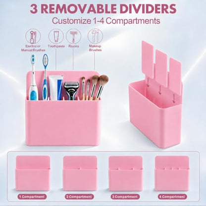 AgePlace 2 Pack Magnetic Toothbrush Holder for Cruise Ship Cabins,Wall Mounted Toothbrush Organizer with 3 Removable Dividers,Travel Must Haves,Cruise Essentials 2026 for Alaska & Caribbean Cruises - color: Pink