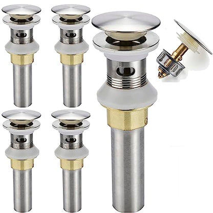 Rockgoya Bathroom Sink Drain,5 Pack Drain Stopper Bathroom Sink with Overflow,Pop Up Drain Assembly with Detachable Strainer Basket,Built-in Anti-Clogging Strainer,Stainless Steel Brushed Nickel - color: Brushed Nickel-5 Pack, style: With Overflow