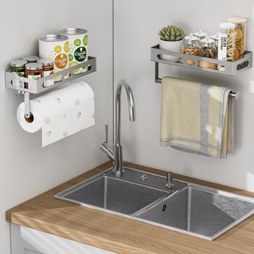 Stylish Kitchen Paper Towel Holder with Shelf - Adhesive Hand Towel Holder | Wall Mount Toilet Paper Holder Rack for Bathroom, Rust-Resistant Matte Grey Finish for RV , Easy One-Handed Operation Design - color: Gray