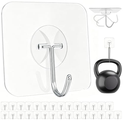 Latoxcaa Heavy Duty Adhesive Wall Hooks - Strong & Transparent, Hold up to 22lb, Waterproof & Reusable, Ideal for Kitchen, Bathroom, and Office (30 Pack) - size: 30 Medium Hooks