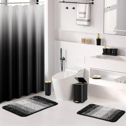 Bathroom Sets with Shower Curtain and Rugs Bathroom Accessories Set Black Bathroom Set,Soap Dispenser & Toilet Brush Holder Set with Stainless Steel Trash Can(23 PCS) - size: Black, style: Bath Set+Ombre Waffle Shower Curtain+Bath Rugs